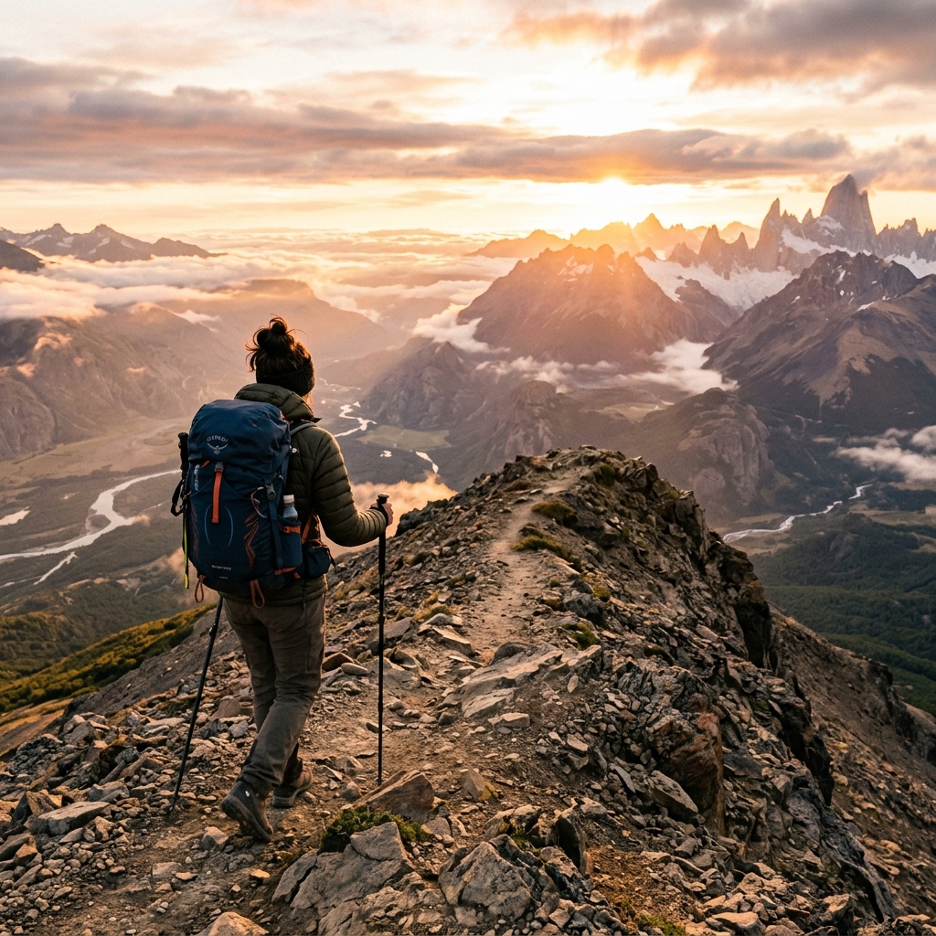 Hiker on mountain ridge at sunrise – Adventure travel experience