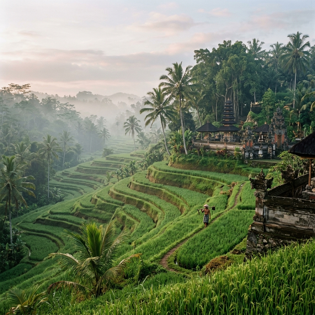 Ancient temple and lush rice terraces in Bali Indonesia
