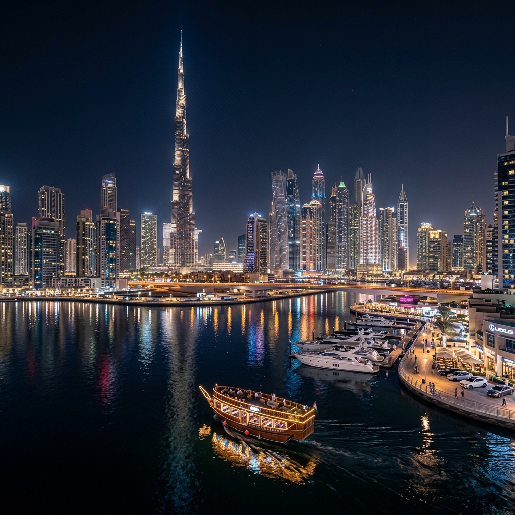 Dubai skyline at night with the iconic Burj Khalifa