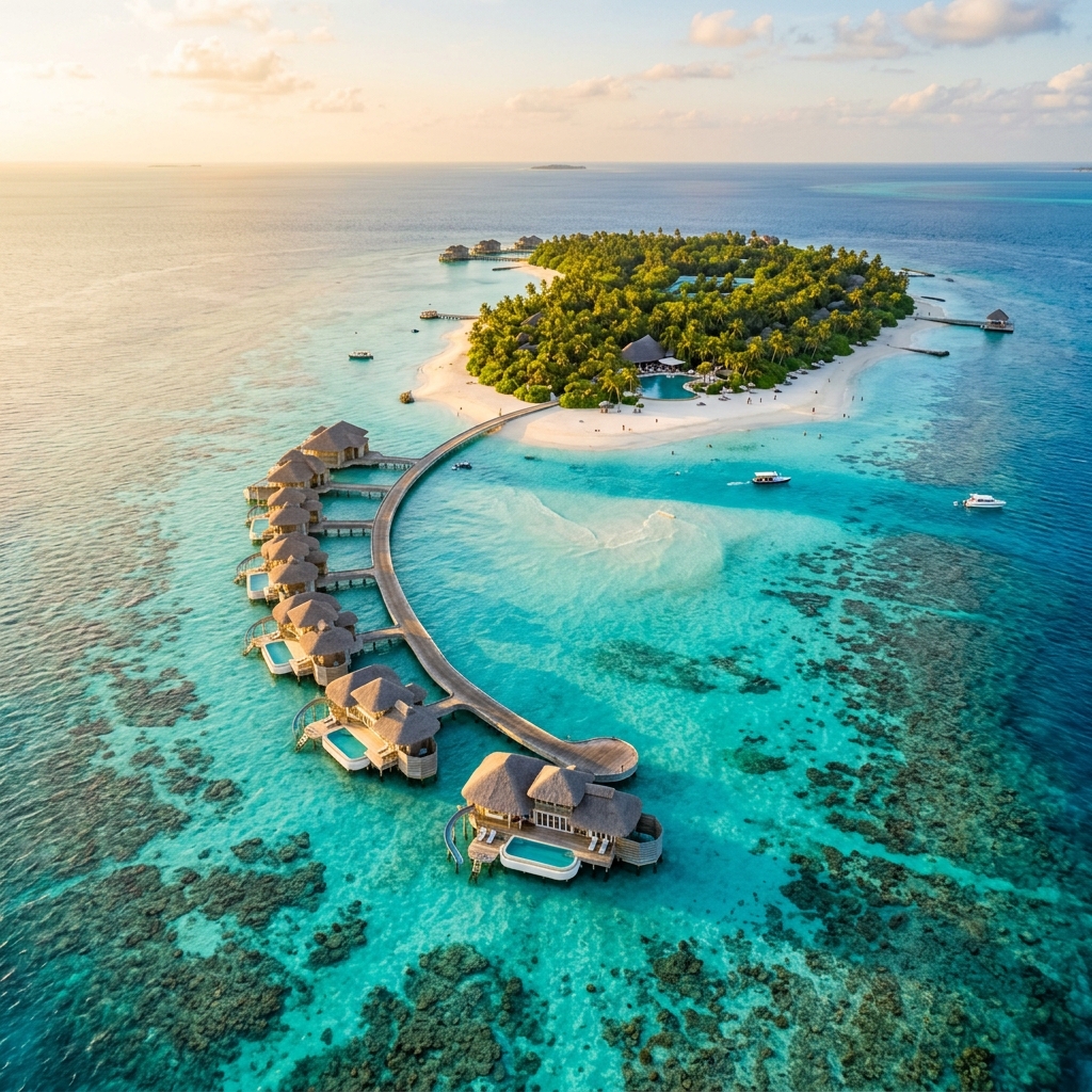 Crystal clear turquoise water and overwater bungalows in the Maldives