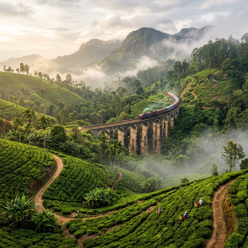 Lush green tea plantations and mountains of Ella Sri Lanka